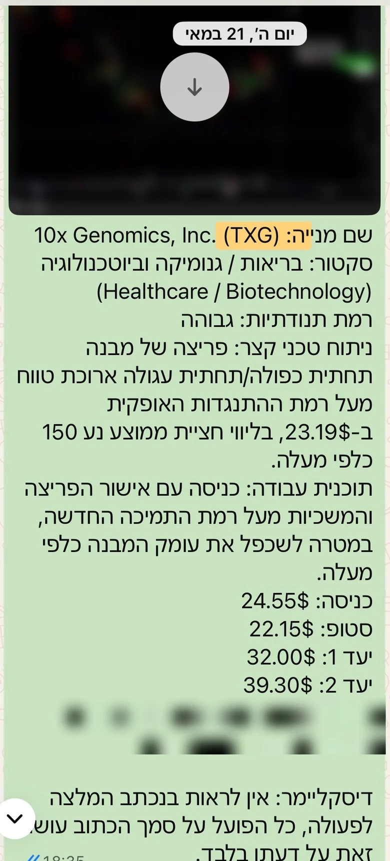 צילום מסך של ההודעה על TXG בקבוצת הסטאפים מ-21 במאי 2026: ניתוח המניה ותוכנית העסקה כפי שנשלחו. שורה אחת הוסתרה, והגרף שצורף להודעה לא נטען בצילום. (נפתח בחלון חדש)